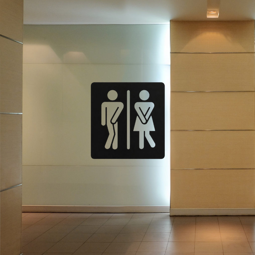 Rest Easy | Modern Restroom Sign mounted on an interior hallway wall in a modern commercial building.