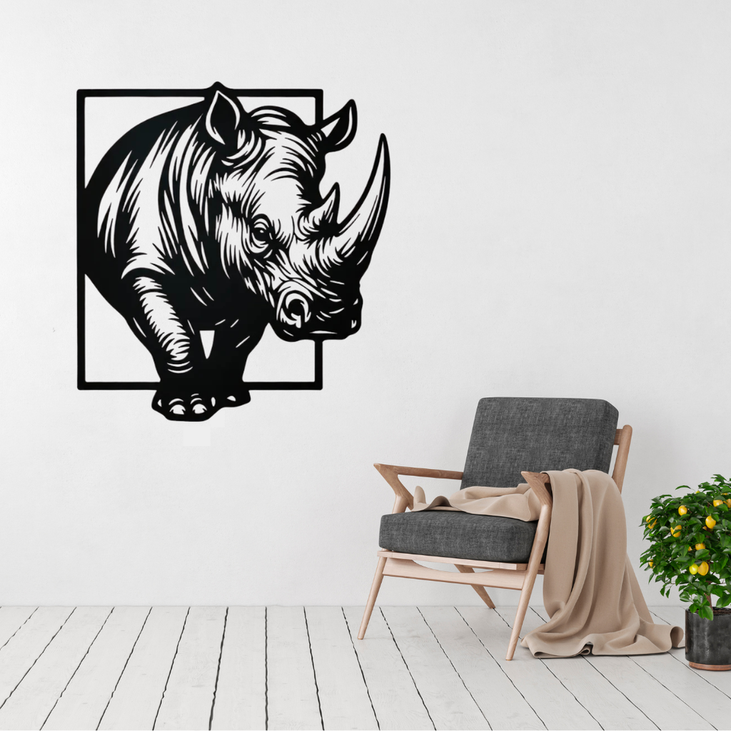 Rhino Charge | Rhinoceros Metal Wall Art displayed in a modern living room.