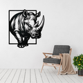 Rhino Charge | Rhinoceros Metal Wall Art displayed in a modern living room.