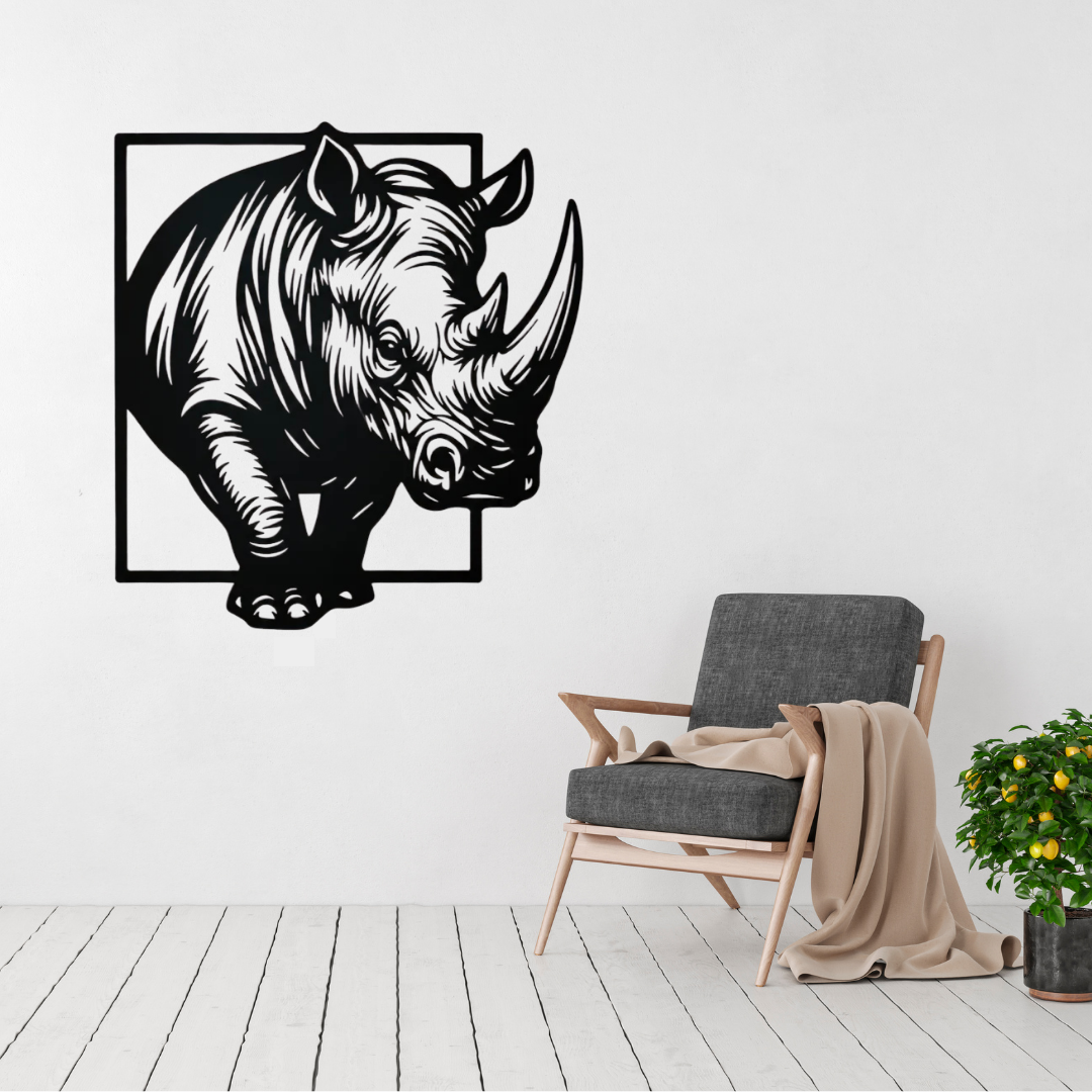 Rhino Charge | Rhinoceros Metal Wall Art displayed in a modern living room.