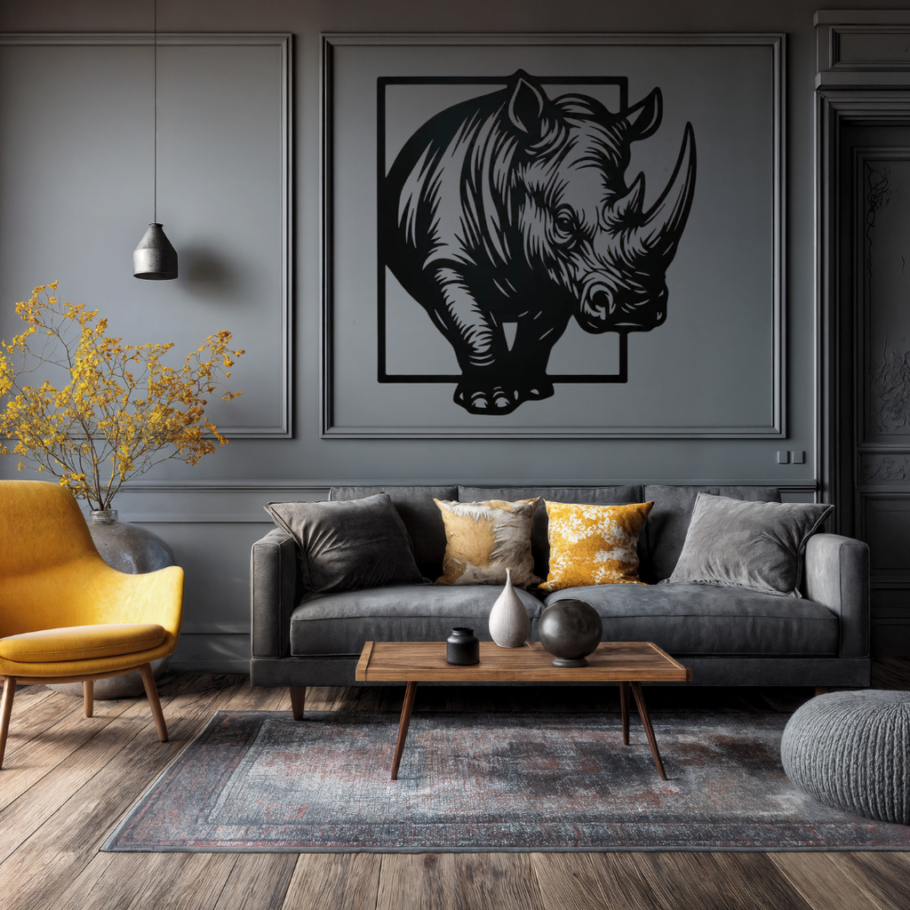 Rhino Charge | Rhinoceros Metal Wall Art mounted in a stylish contemporary living room.
