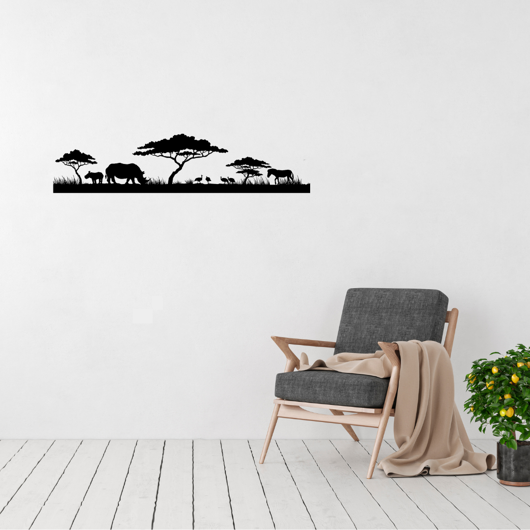 African savanna silhouette metal wall art featuring a rhino, guinea fowl, zebra and acacia trees in a room with a contemporary chair