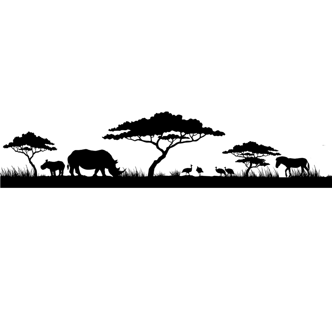 African savanna silhouette metal wall art featuring a rhino, guinea fowl, zebra and acacia trees on a black background.