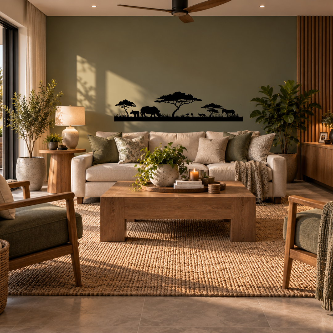 African savanna silhouette metal wall art featuring a rhino, guinea fowl, zebra and acacia trees in a modern room.