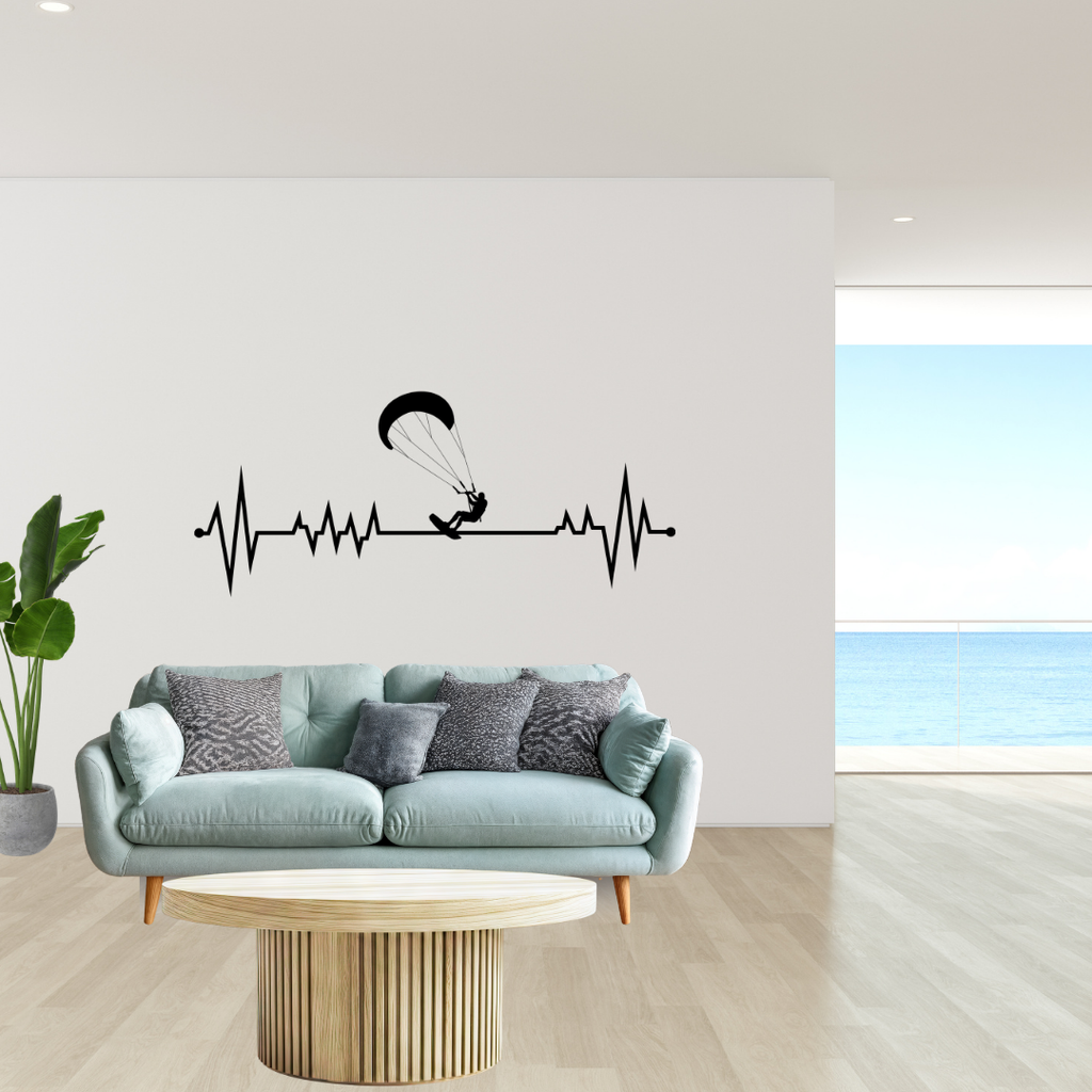 Ride the Wind | Kitesurf Heartbeat Metal Wall Art showcased in a contemporary living room overlooking the coast.