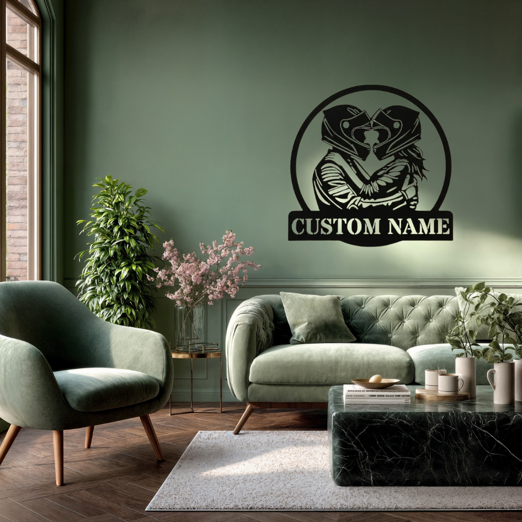 Ride Together | Personalized Motorcycle Couple Metal Wall Art mounted above a contemporary sofa in a stylish living room.
