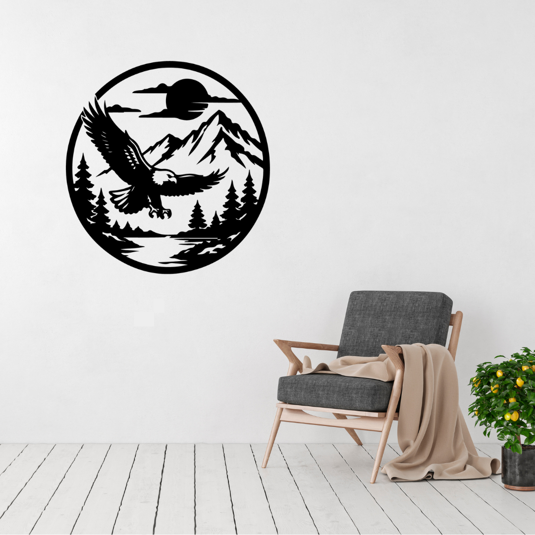 Rise Above majestic eagle metal wall art displayed above a contemporary chair