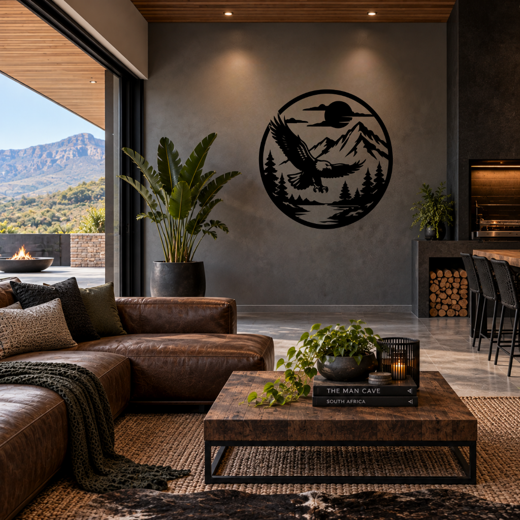 Rise Above eagle metal wall art displayed in a modern interior
