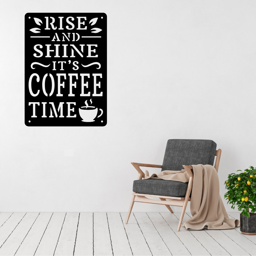 Rise and Shine Coffee Time metal wall sign displayed above a contemporary chair in a stylish kitchen interior