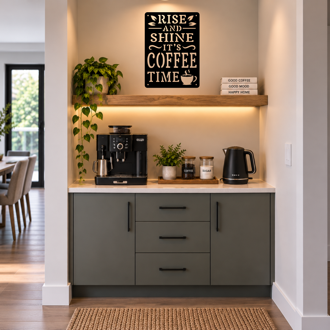 Rise and Shine Coffee Time metal wall sign displayed in a modern kitchen with contemporary coffee station décor