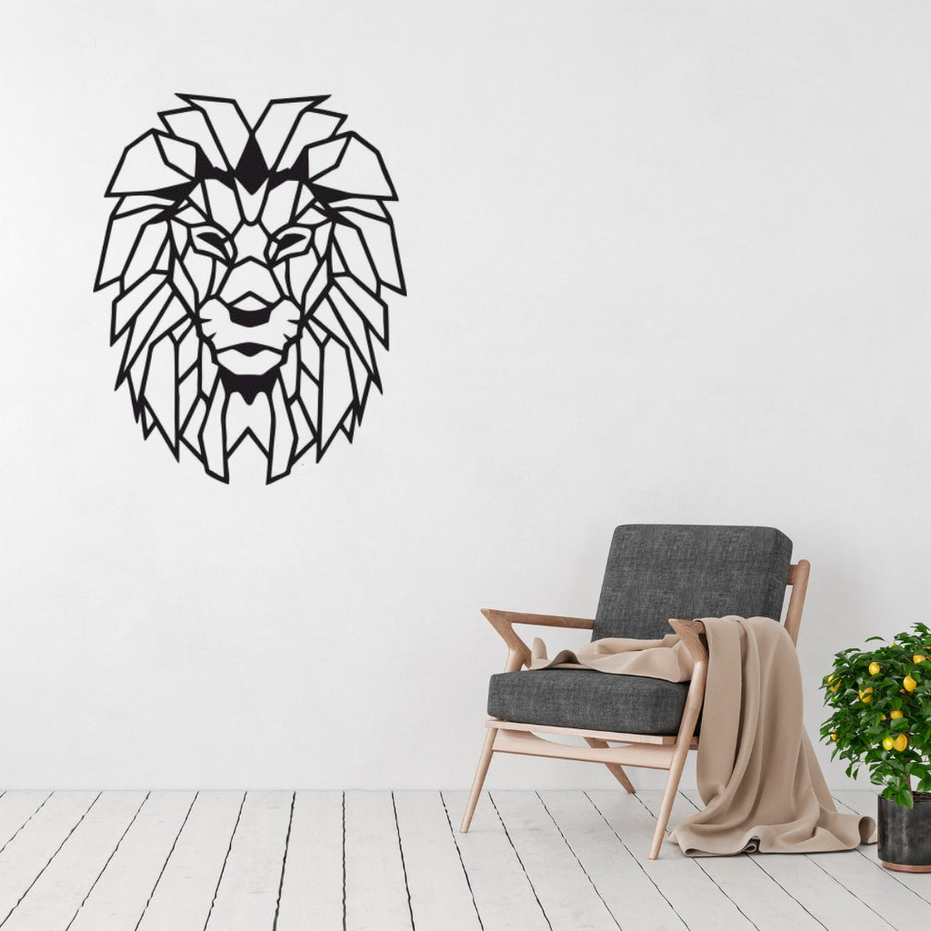 Geometric lion metal wall art displayed as a statement piece in a modern interior