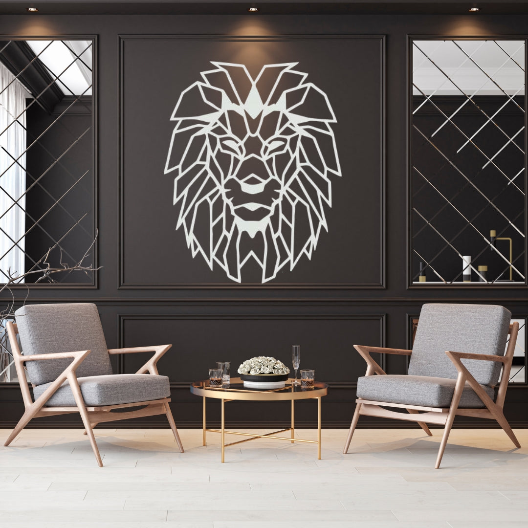 Polygonal lion metal wall art as a statement piece in a luxury interior setting