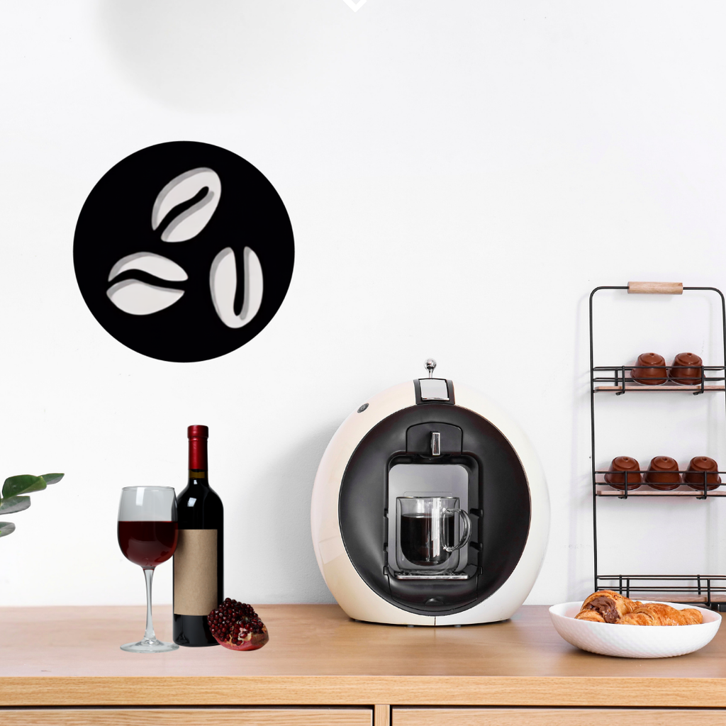 Roasted Perfection | Coffee Bean Metal Wall Art mounted above a modern coffee station beside an espresso machine.