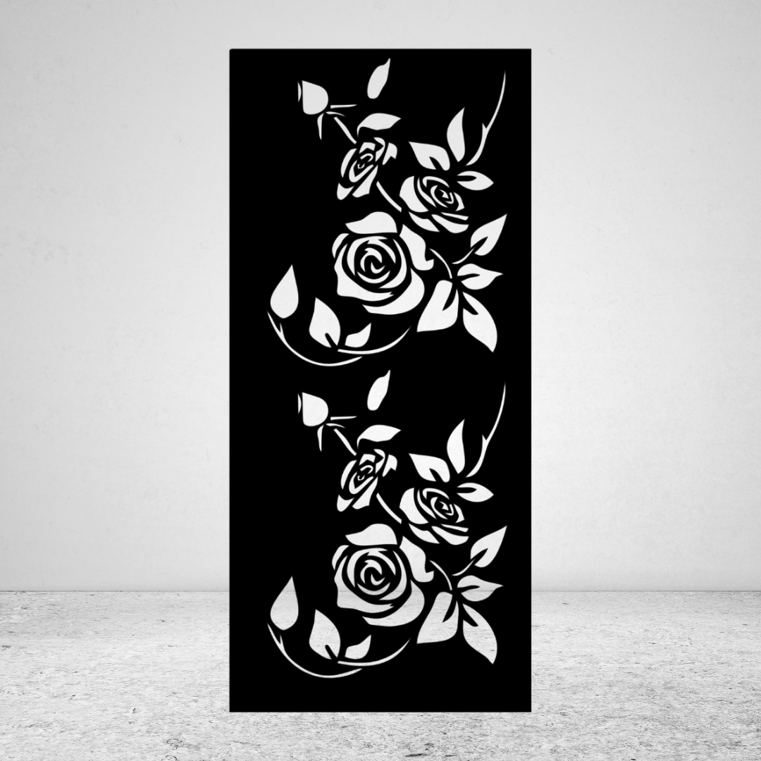 Rose Reverie elegant floral metal privacy screen featuring three stylised rose blooms with flowing stems and leaves