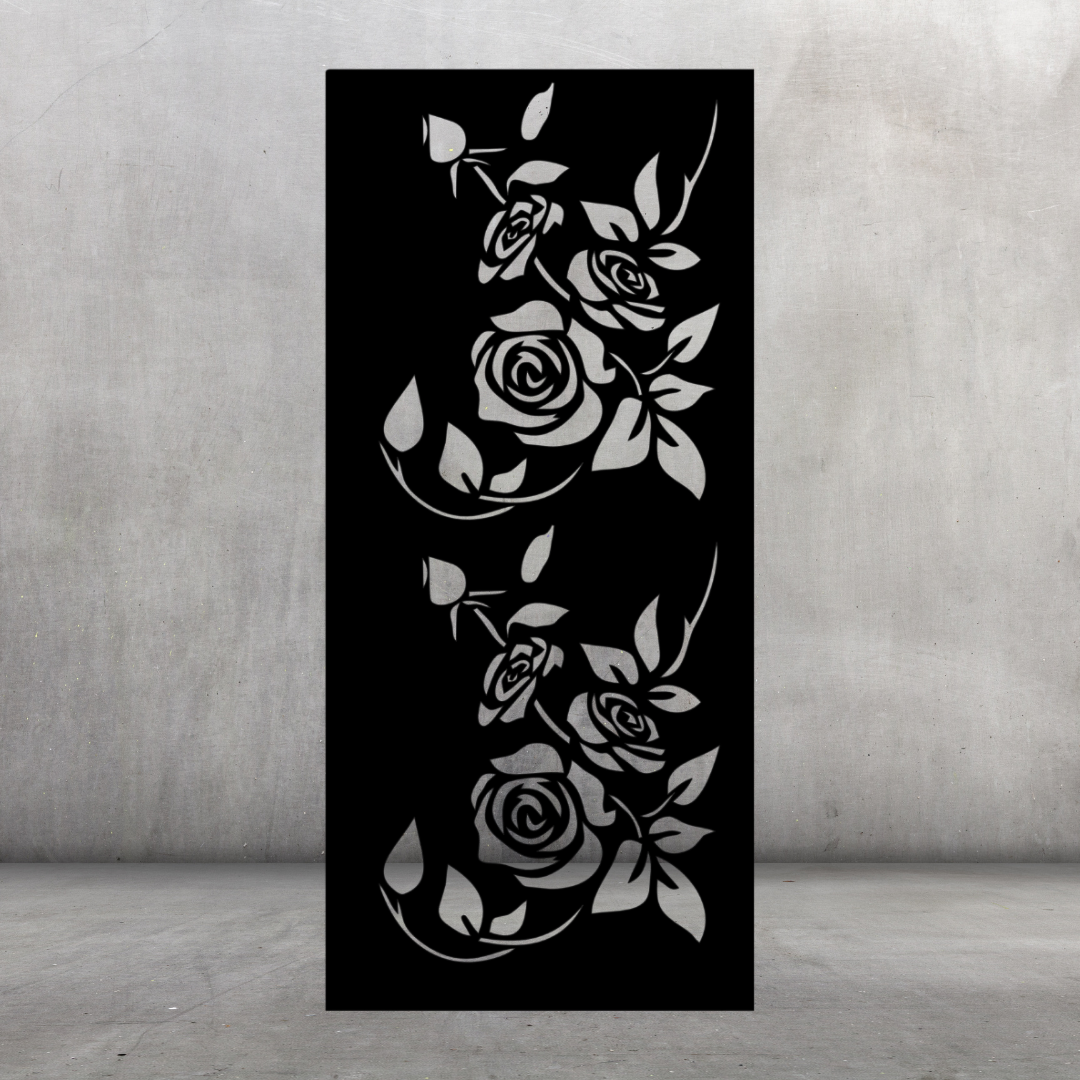 Rose Reverie decorative metal privacy screen displayed against a dark grey wall with elegant rose and botanical pattern