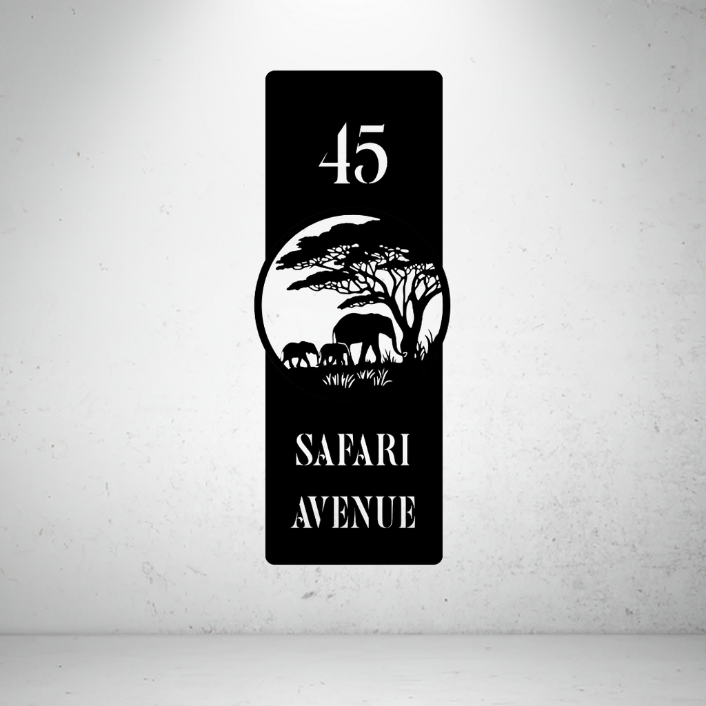 Safari Avenue personalised vertical metal house number sign featuring an African elephant family beneath an acacia tree.