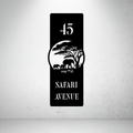 Safari Avenue personalised vertical metal house number sign featuring an African elephant family beneath an acacia tree.
