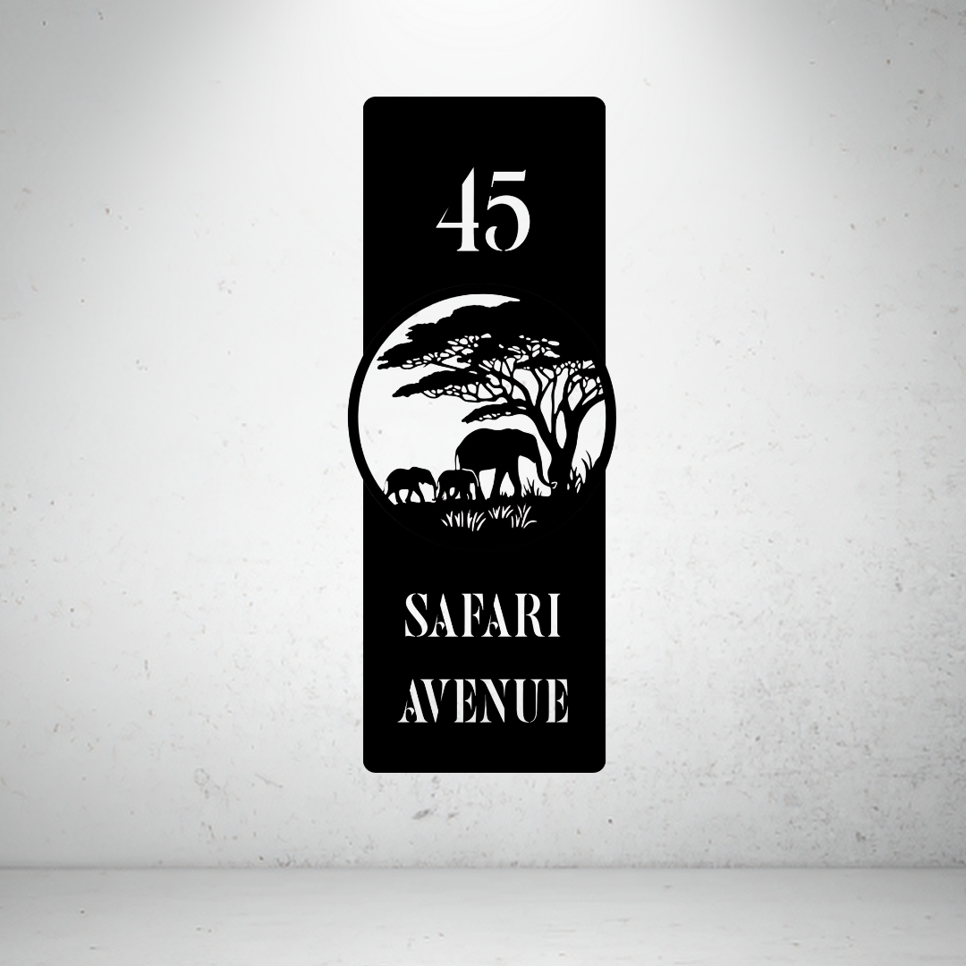 Safari Avenue personalised vertical metal house number sign featuring an African elephant family beneath an acacia tree.