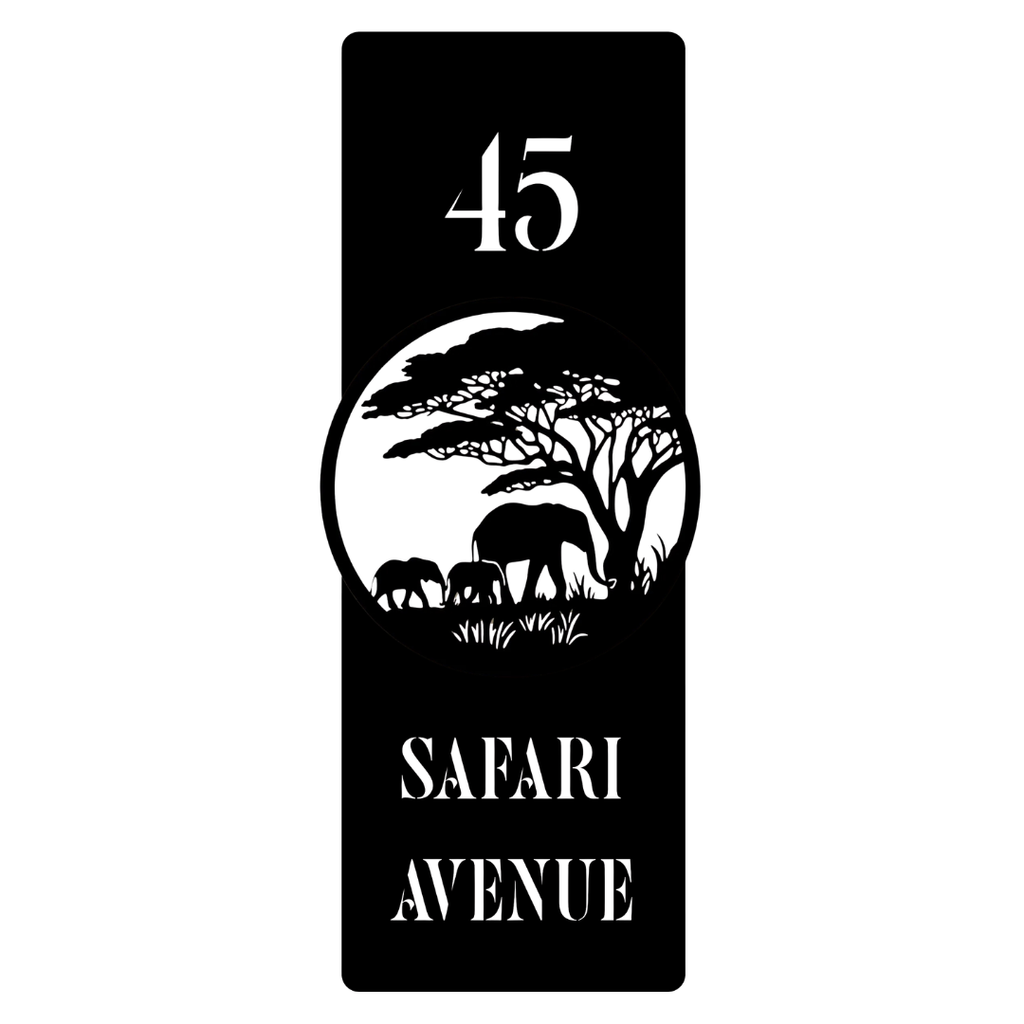 Close-up of the Safari Avenue custom laser-cut steel address plaque with elephant family artwork and personalised house number.