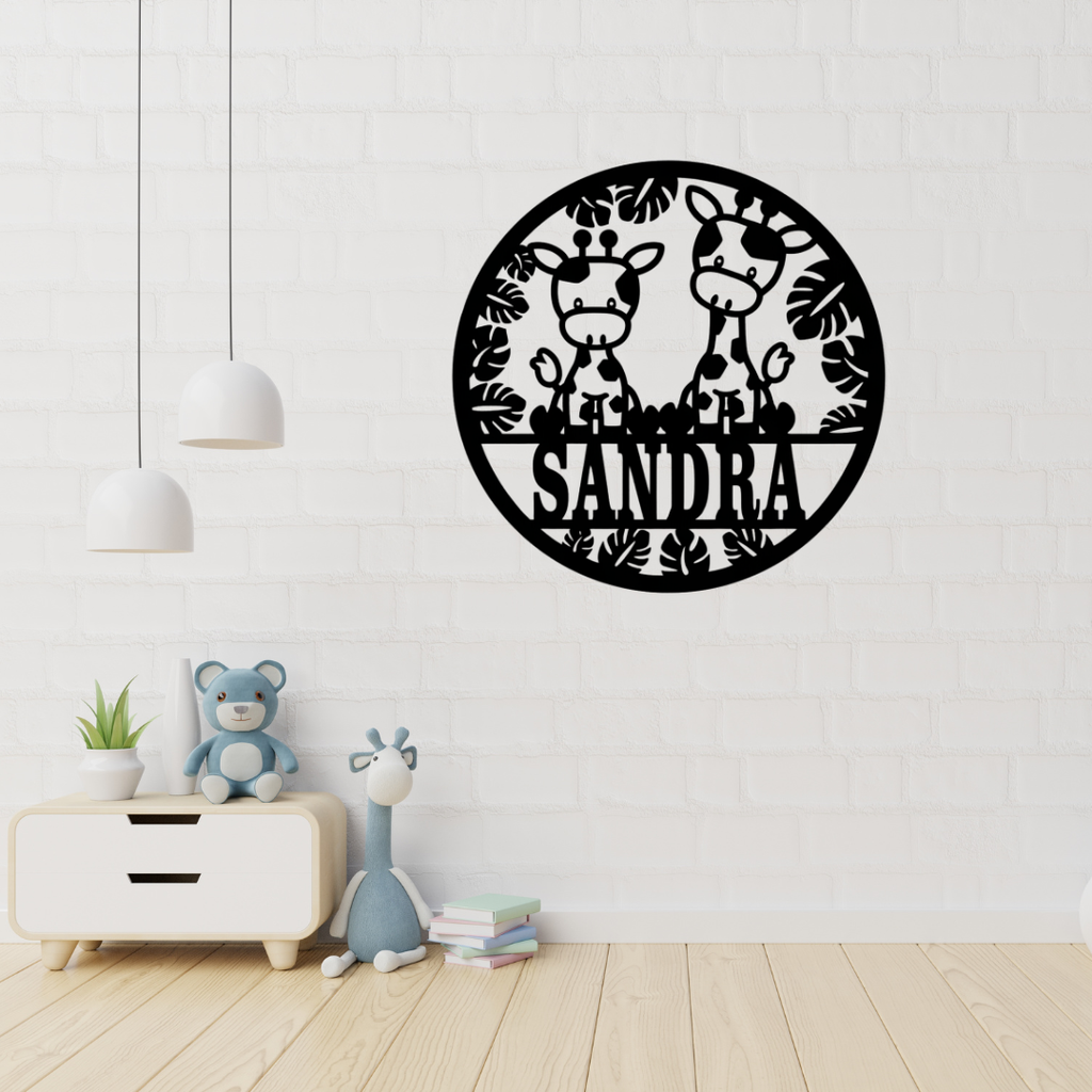 Cute giraffe safari wall art displayed in a jungle nursery
