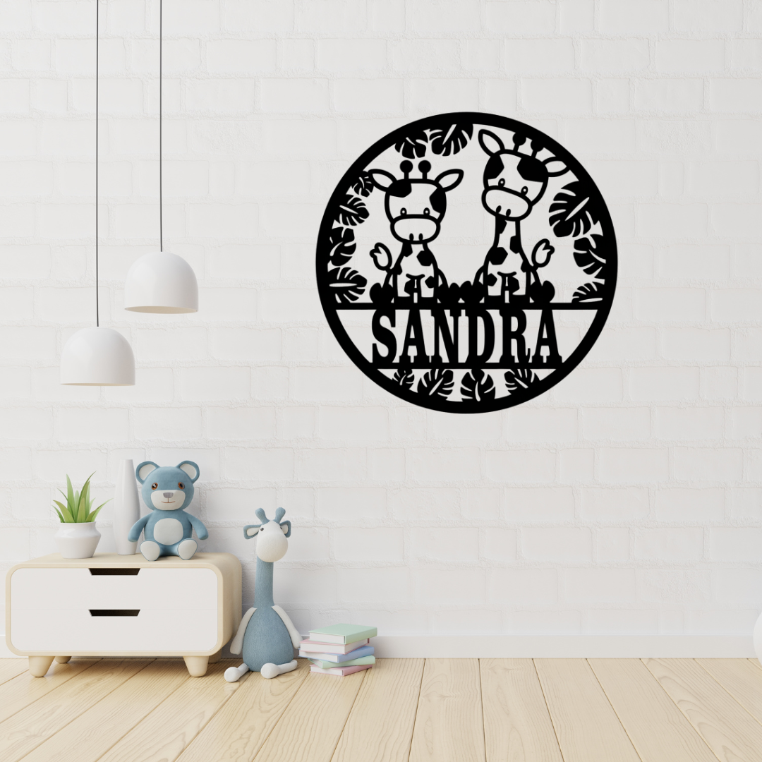 Cute giraffe safari wall art displayed in a jungle nursery