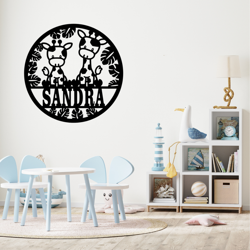 Safari-themed giraffe décor styled in a neutral kids bedroom