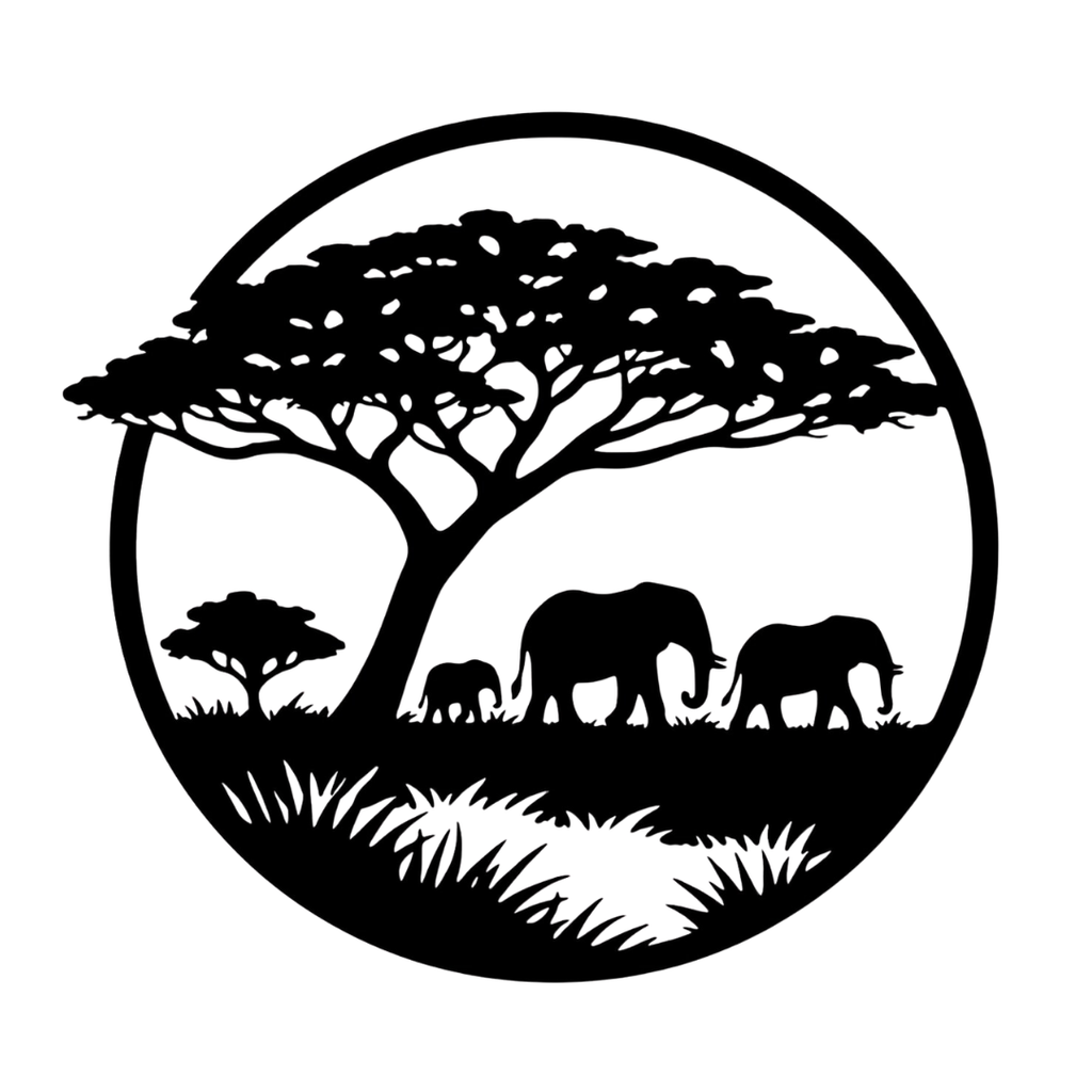 Safari Giants | Elephant Family Metal Wall Art featuring a family of elephants walking beneath a majestic acacia tree in a circular black metal wall décor design celebrating African wildlife and safari landscapes.