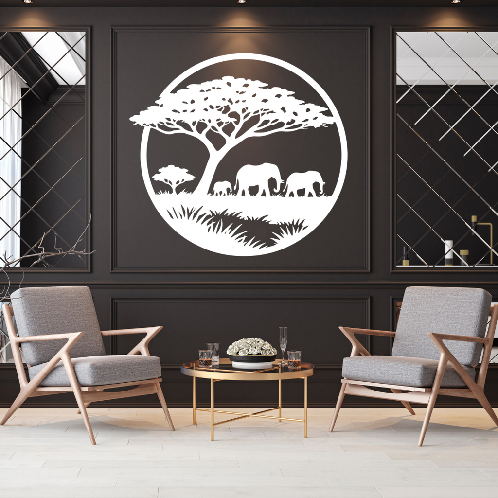 Safari Giants | Elephant Family Metal Wall Art showcased in a contemporary interior, featuring an African elephant family under an iconic acacia tree in a premium circular black metal wall art design for safari-inspired home décor.