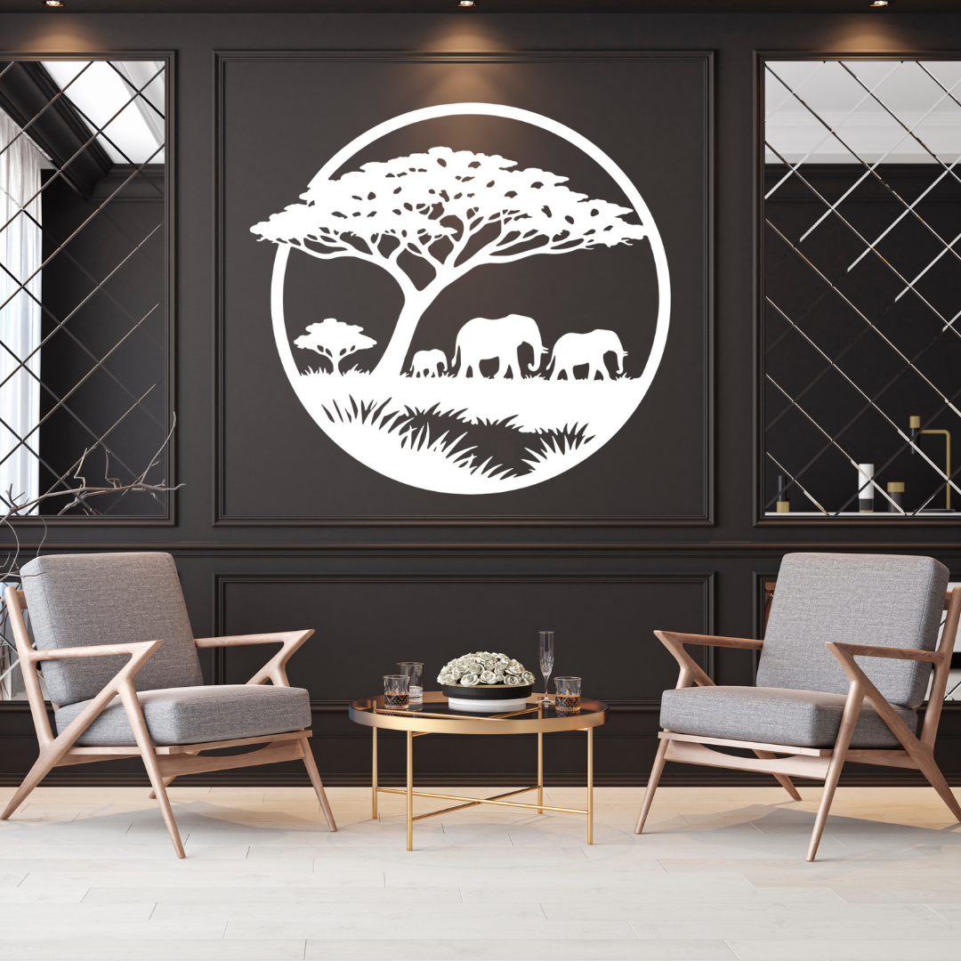 Safari Giants | Elephant Family Metal Wall Art showcased in a contemporary interior, featuring an African elephant family under an iconic acacia tree in a premium circular black metal wall art design for safari-inspired home décor.