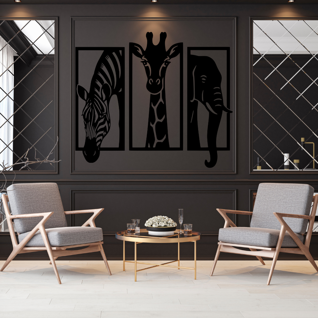 Safari Majesty | African Wildlife Panel Collection mounted in a sophisticated contemporary living room.