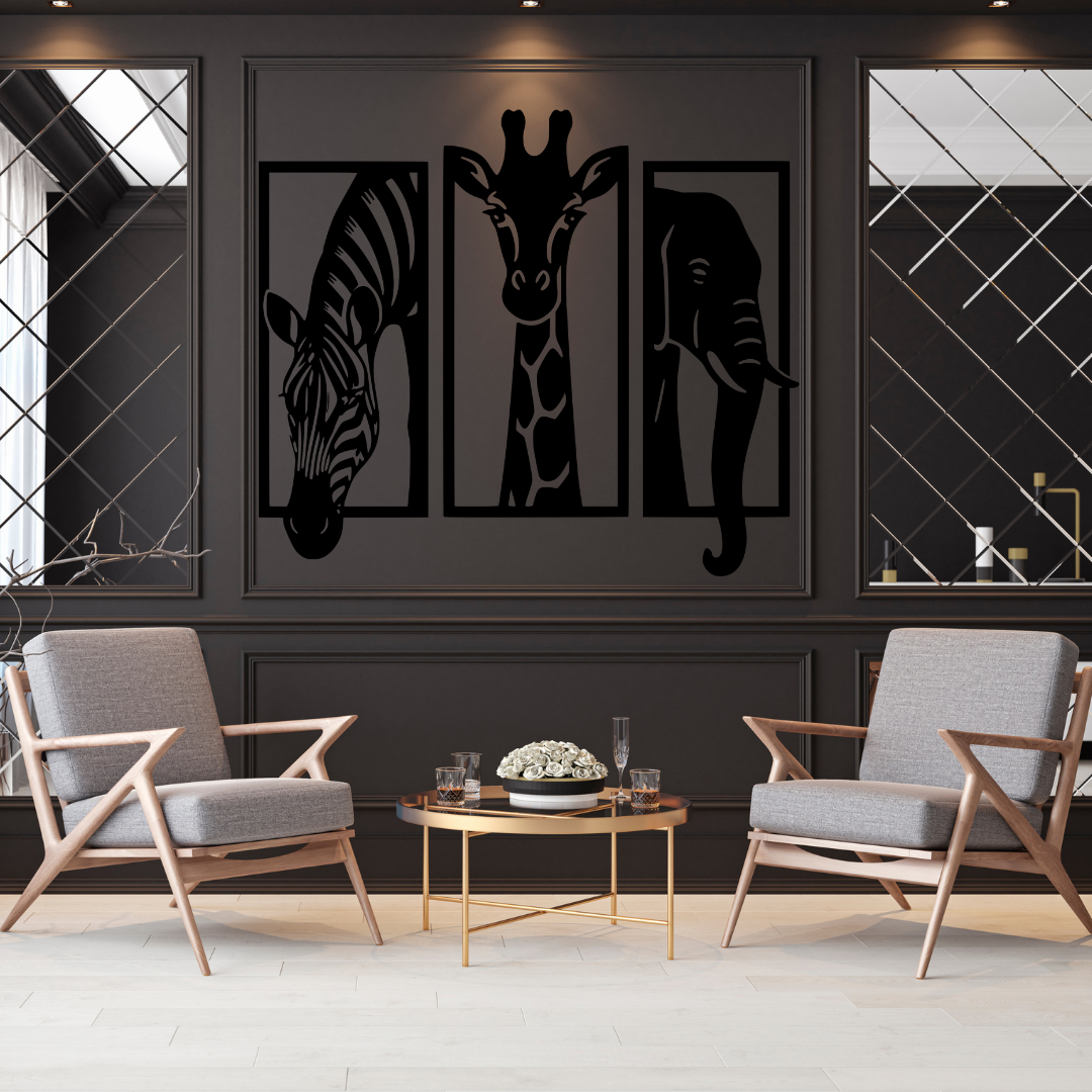 Safari Majesty | African Wildlife Panel Collection mounted in a sophisticated contemporary living room.