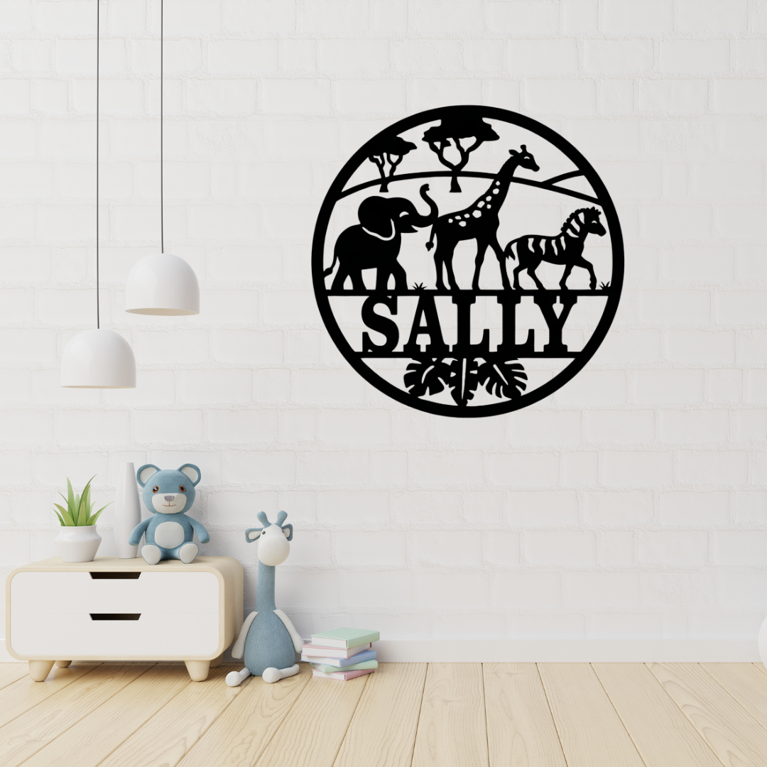 Safari animal metal wall art displayed in a jungle-themed kids room