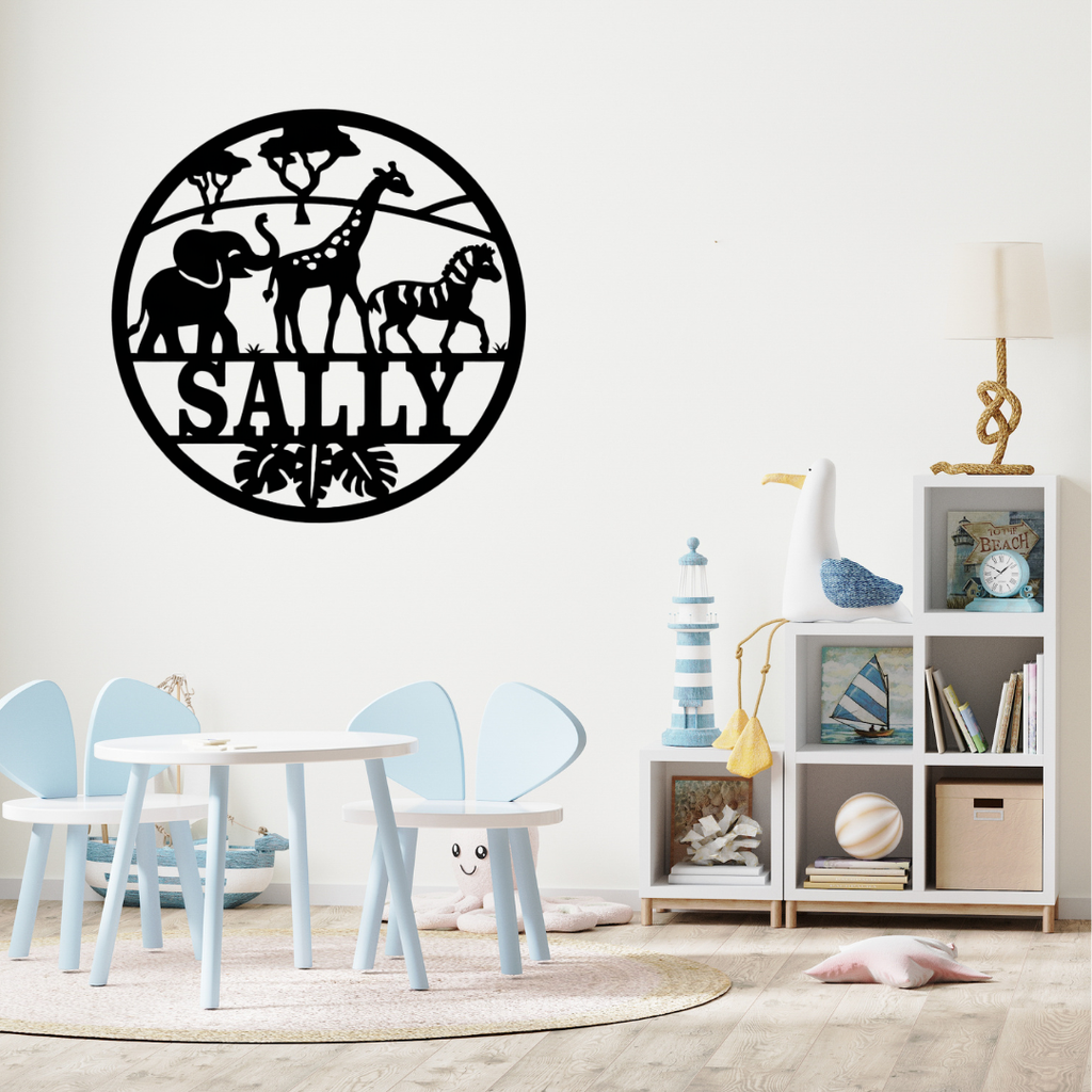 Cute safari nursery wall décor styled with neutral jungle accessories