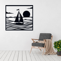 Sailing Serenity sailboat metal wall art displayed above a contemporary chair in a stylish coastal-inspired interior