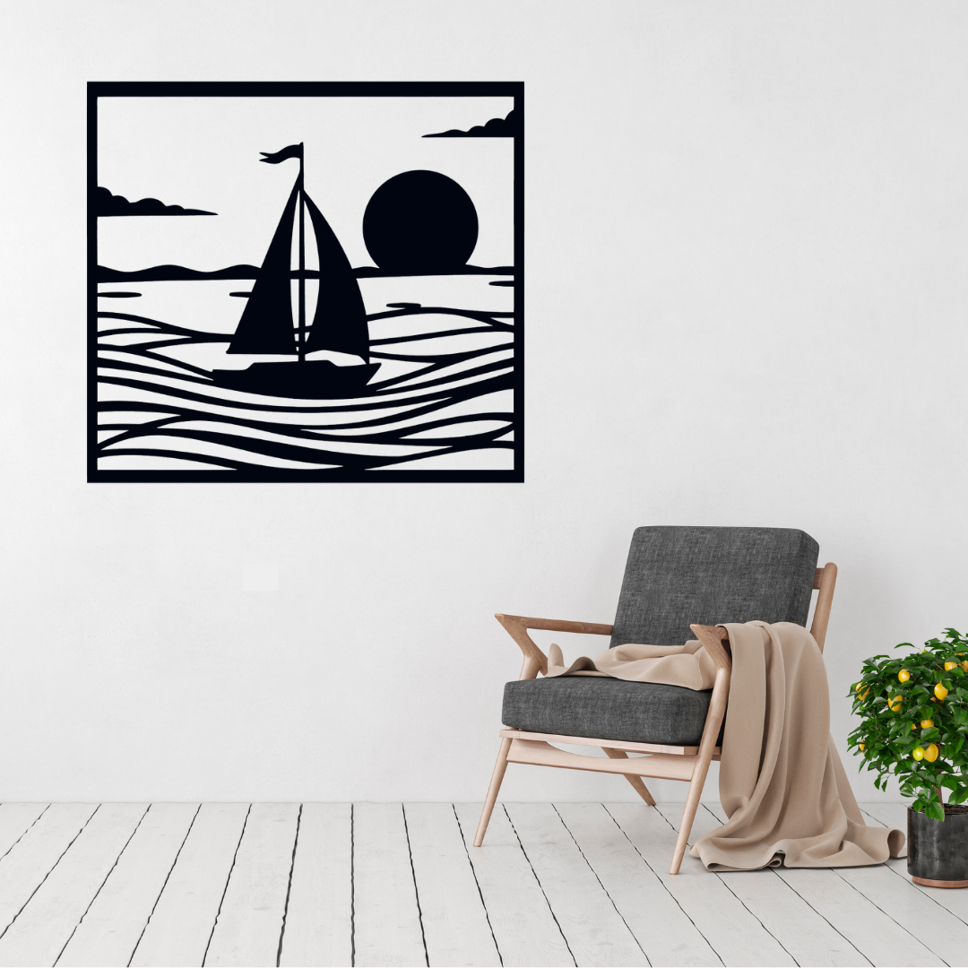 Sailing Serenity sailboat metal wall art displayed above a contemporary chair in a stylish coastal-inspired interior