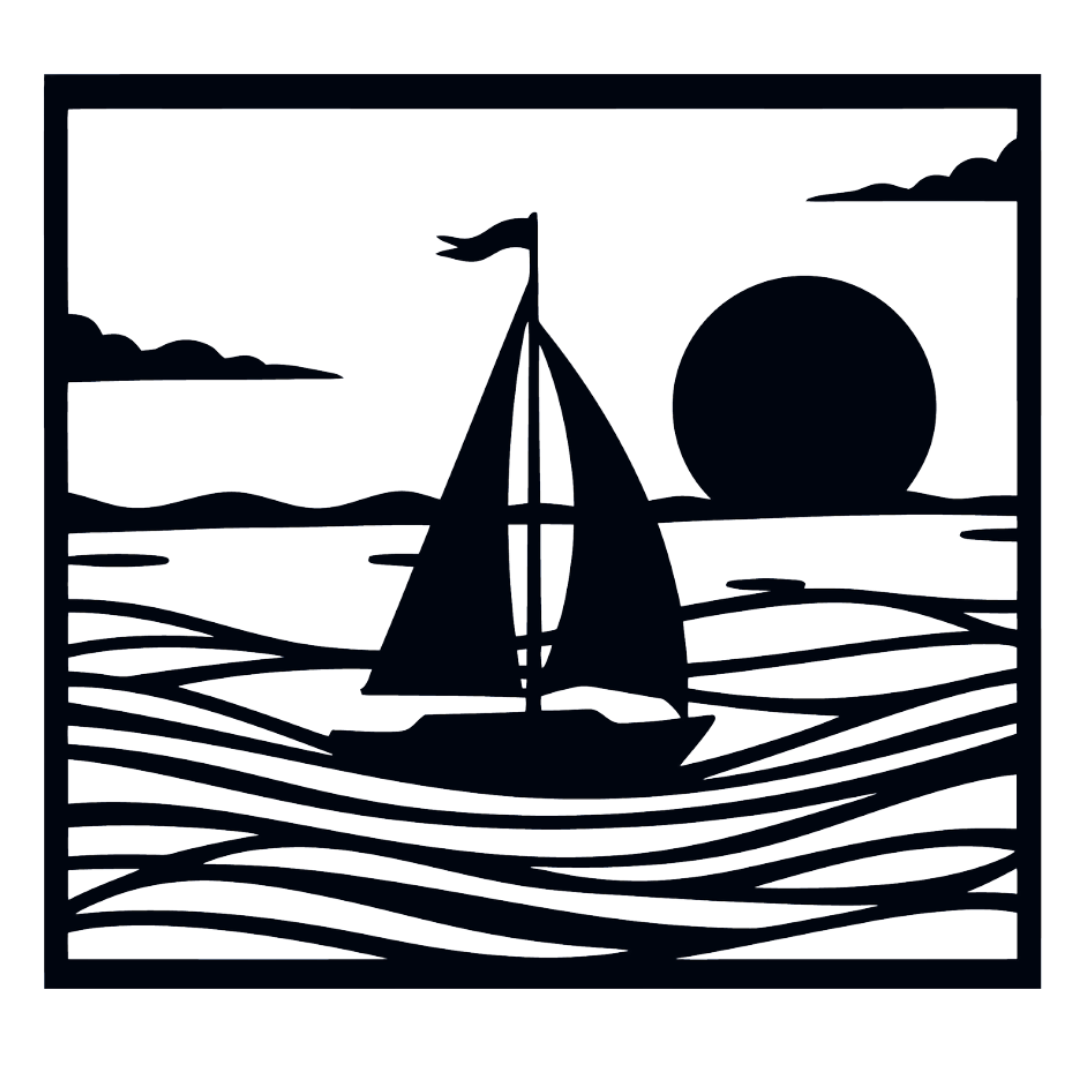 Sailing Serenity sailboat metal wall art isolated on a white background showing a sailboat, full moon and flowing ocean waves