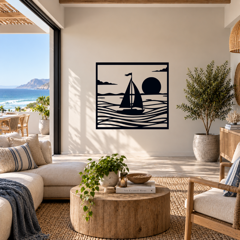 Sailing Serenity sailboat metal wall art displayed in a modern room with contemporary coastal interior décor