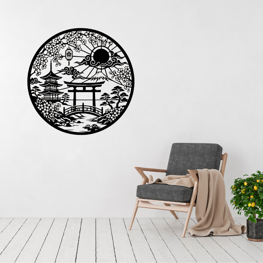 Round Japanese landscape metal wall art featuring Mount Fuji, cherry blossoms, a pagoda, torii gate, and bridge displayed in a modern living room.