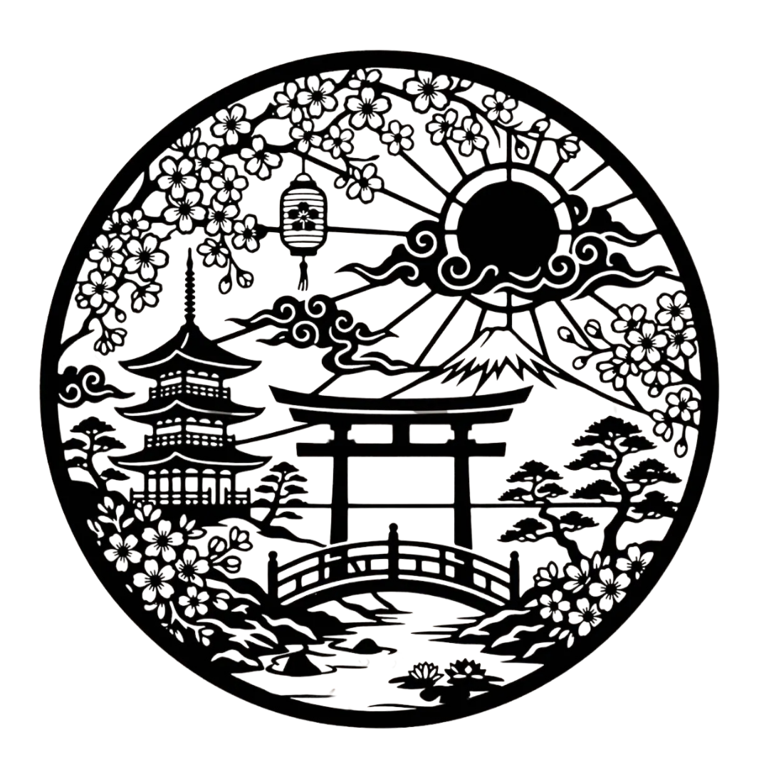 Intricately laser-cut circular Japanese landscape metal wall art showcasing sakura blossoms, Mount Fuji, traditional architecture, and a rising sun.