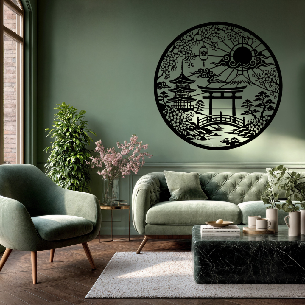 Elegant Japanese-inspired metal wall art with cherry blossoms, pagoda, torii gate, and Mount Fuji creating a striking focal point in a contemporary interior.