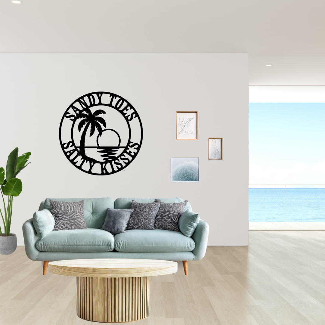 Sandy Toes, Salty Kisses | Coastal Sunset Metal Wall Art mounted in a contemporary living space.