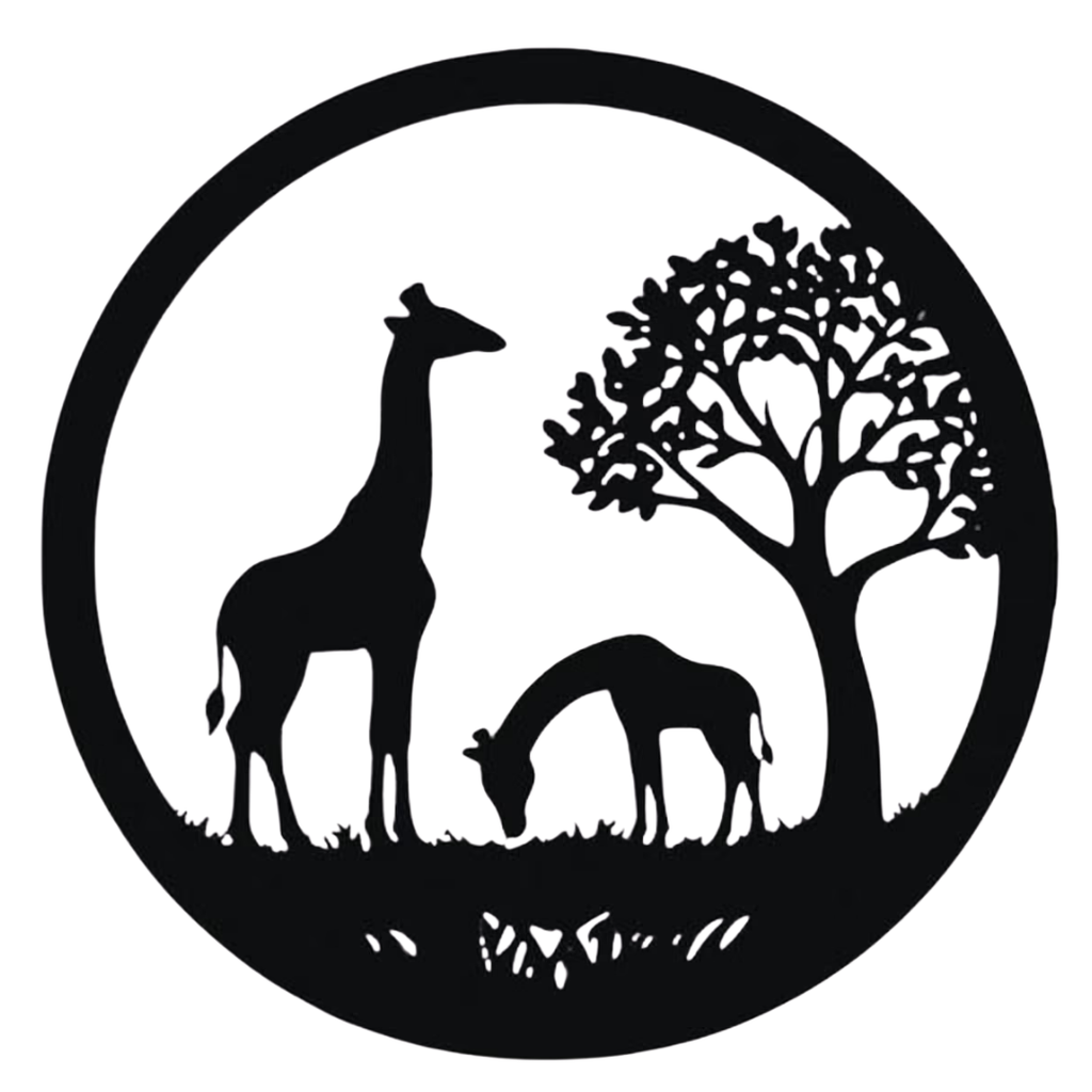 Savanna Grace | Giraffe Family Metal Wall Art featuring a graceful adult giraffe and calf standing beneath an acacia tree in a circular black metal design, perfect for safari, wildlife, and African-inspired home décor.