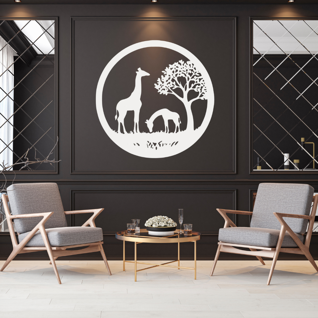 Savanna Grace | Giraffe Family Metal Wall Art showcased as a striking feature piece in a luxury contemporary living room, celebrating African wildlife with a minimalist circular black metal silhouette of a giraffe family and acacia tree.