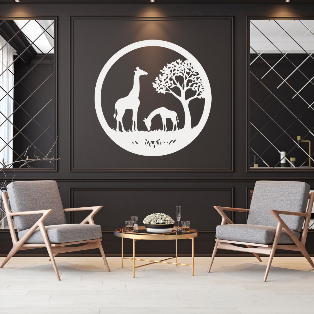 Savanna Grace | Giraffe Family Metal Wall Art showcased as a striking feature piece in a luxury contemporary living room, celebrating African wildlife with a minimalist circular black metal silhouette of a giraffe family and acacia tree.