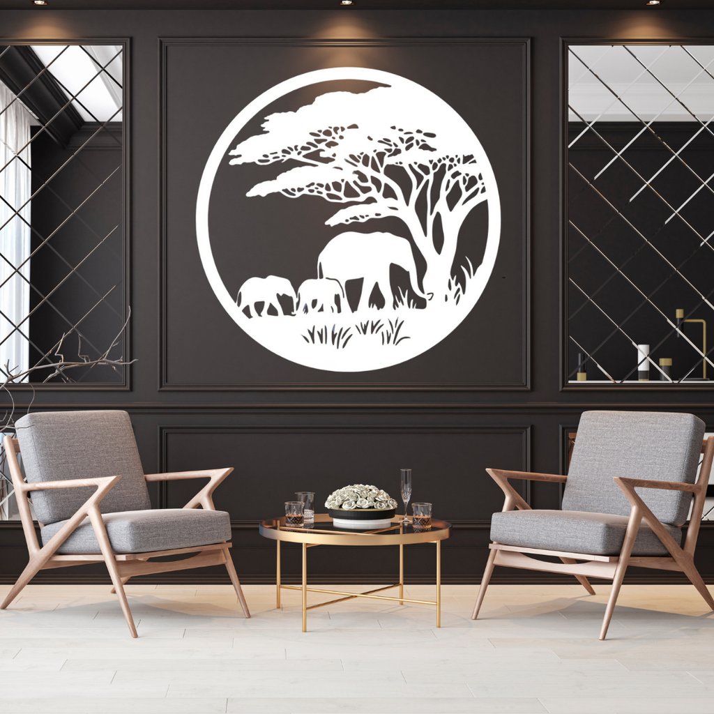 Savanna Serenity | Elephant Family Circular Metal Wall Art showcased above a contemporary sofa, bringing the beauty of the African savanna to modern interiors with an elegant elephant family silhouette.