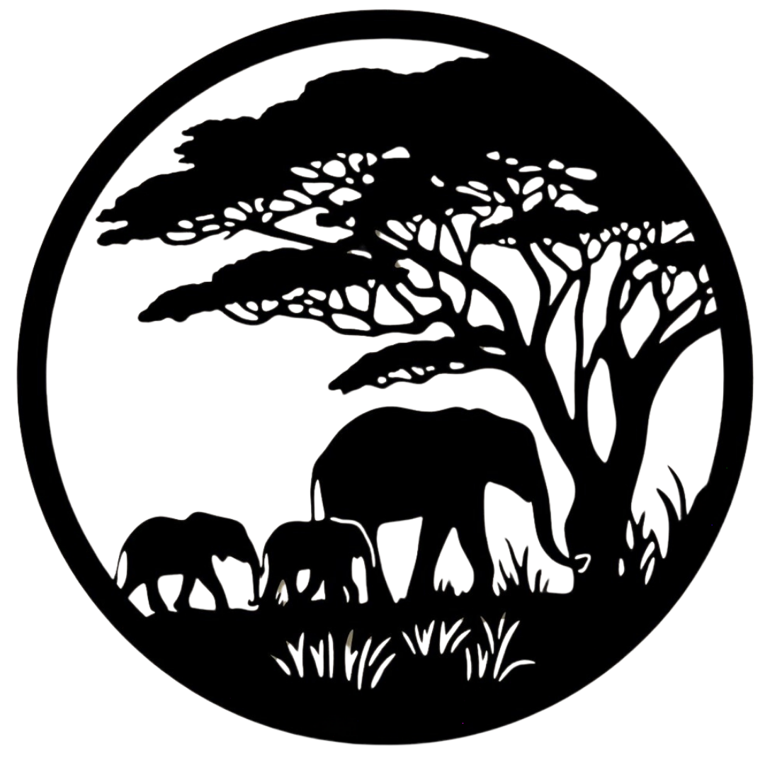 Savanna Serenity | Elephant Family Circular Metal Wall Art featuring a detailed silhouette of an elephant family crossing the African plains with acacia trees and a scenic savanna landscape in a circular metal design.