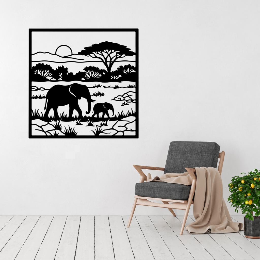 Savanna Sunset African elephant metal wall art displayed above a contemporary chair in a modern interior