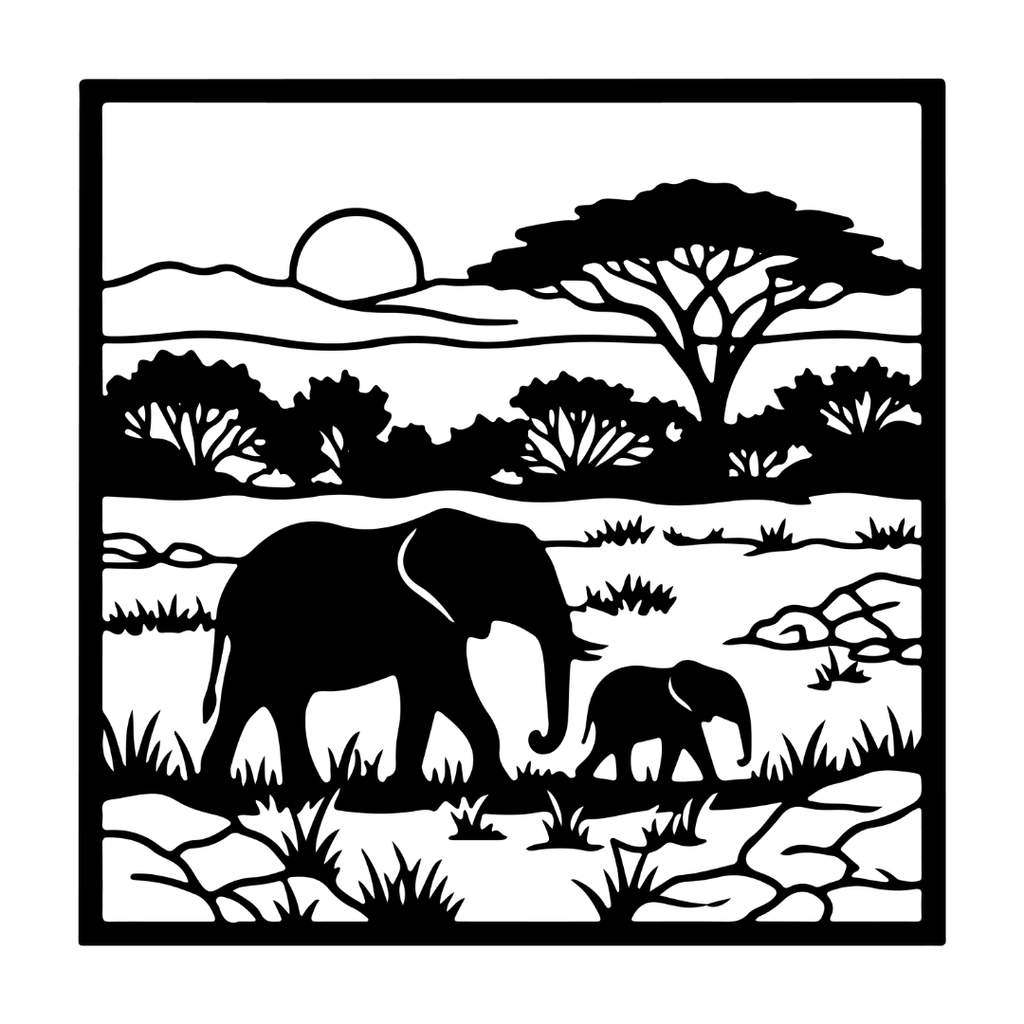 Savanna Sunset African elephant metal wall art isolated on a white background showing elephants, acacia tree and savanna landscape