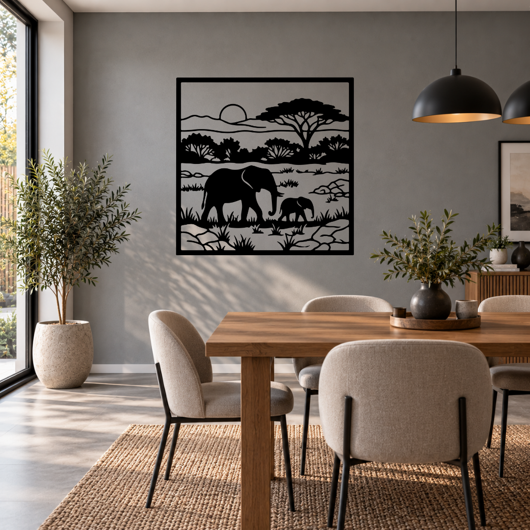 Savanna Sunset African elephant metal wall art displayed in a modern room with contemporary interior décor