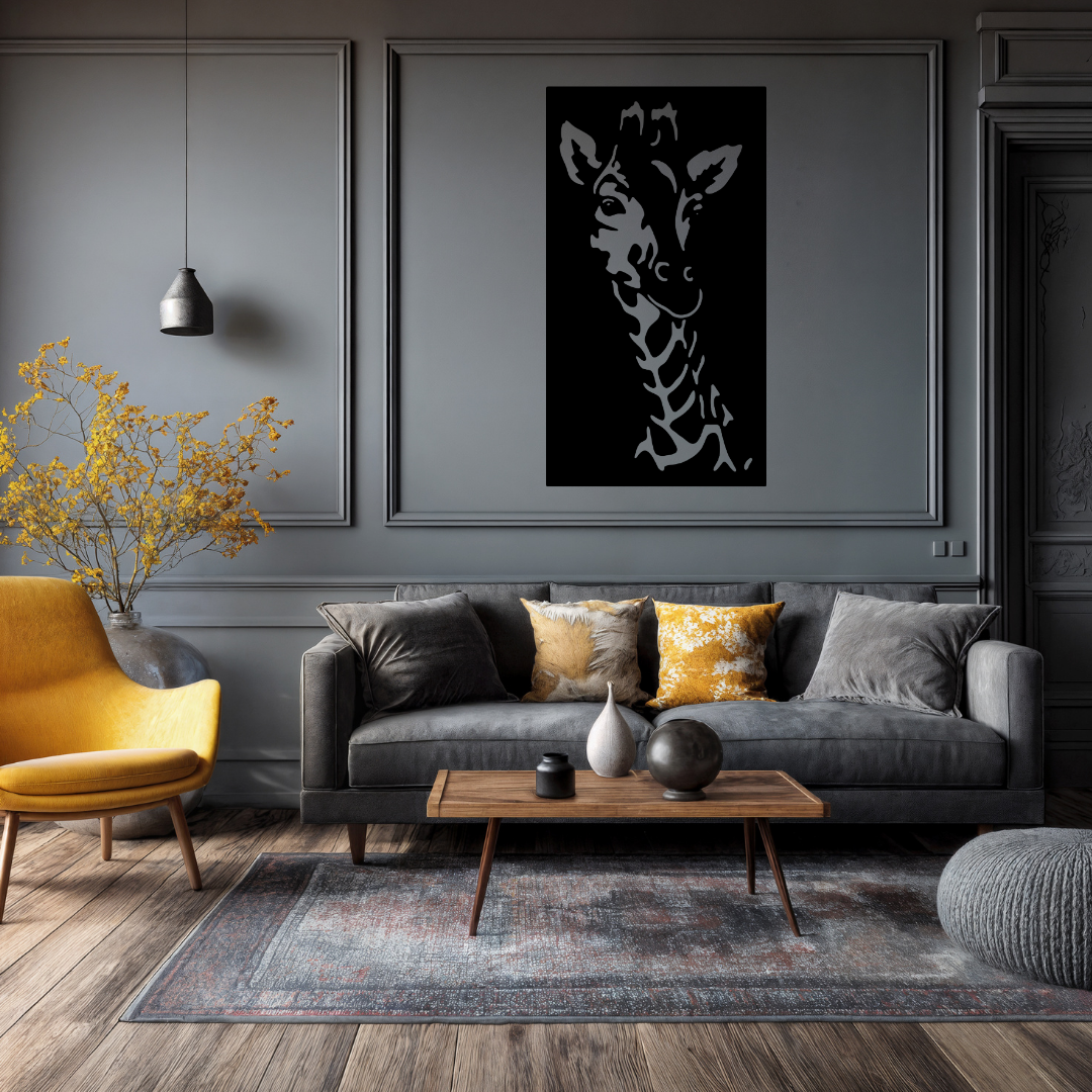 Savannah Grace | Giraffe Metal Wall Art showcased in a stylish modern living room above a contemporary sofa.